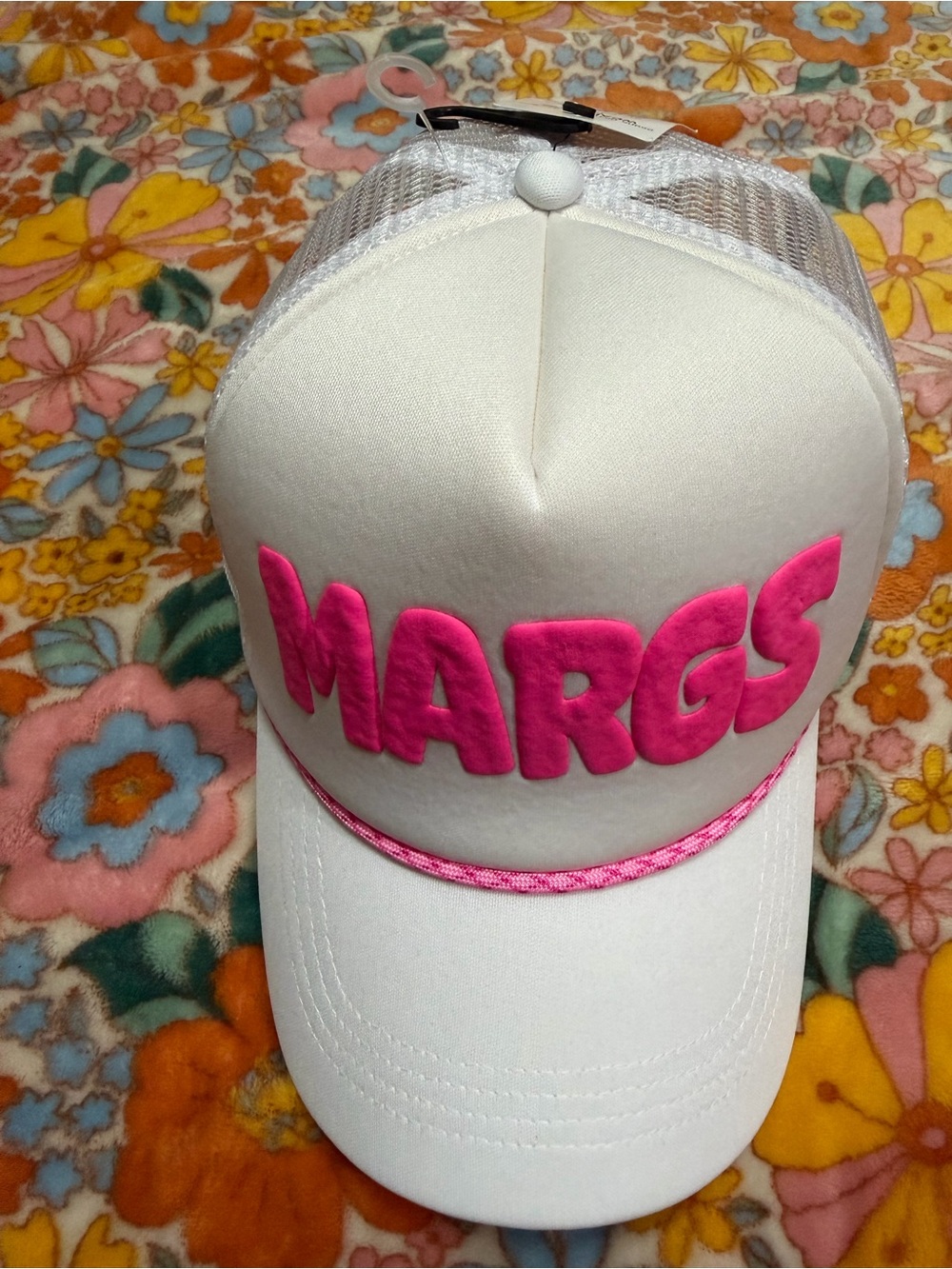 White Trucker Hat with Pink "MARGS" Puff Paint